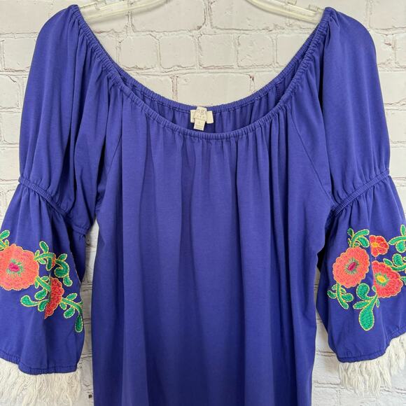 Umgee Wms Large Purple Off Shoulder Mini Dress Embroidered Flowers Boho Peasant - Picture 6 of 11